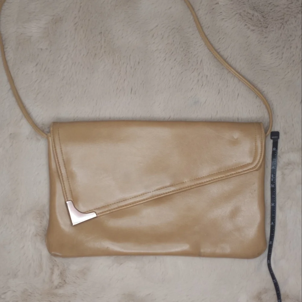 Vintage 80's Asymetric Tan Shoulder Bag With Iconic Built In Lipstick Mirror